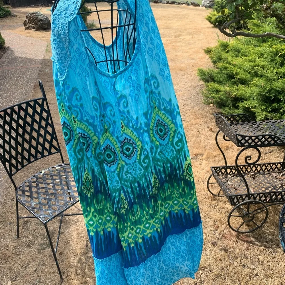 Bohemian Blue and Green Sleeveless Dress - Picture 5 of 7